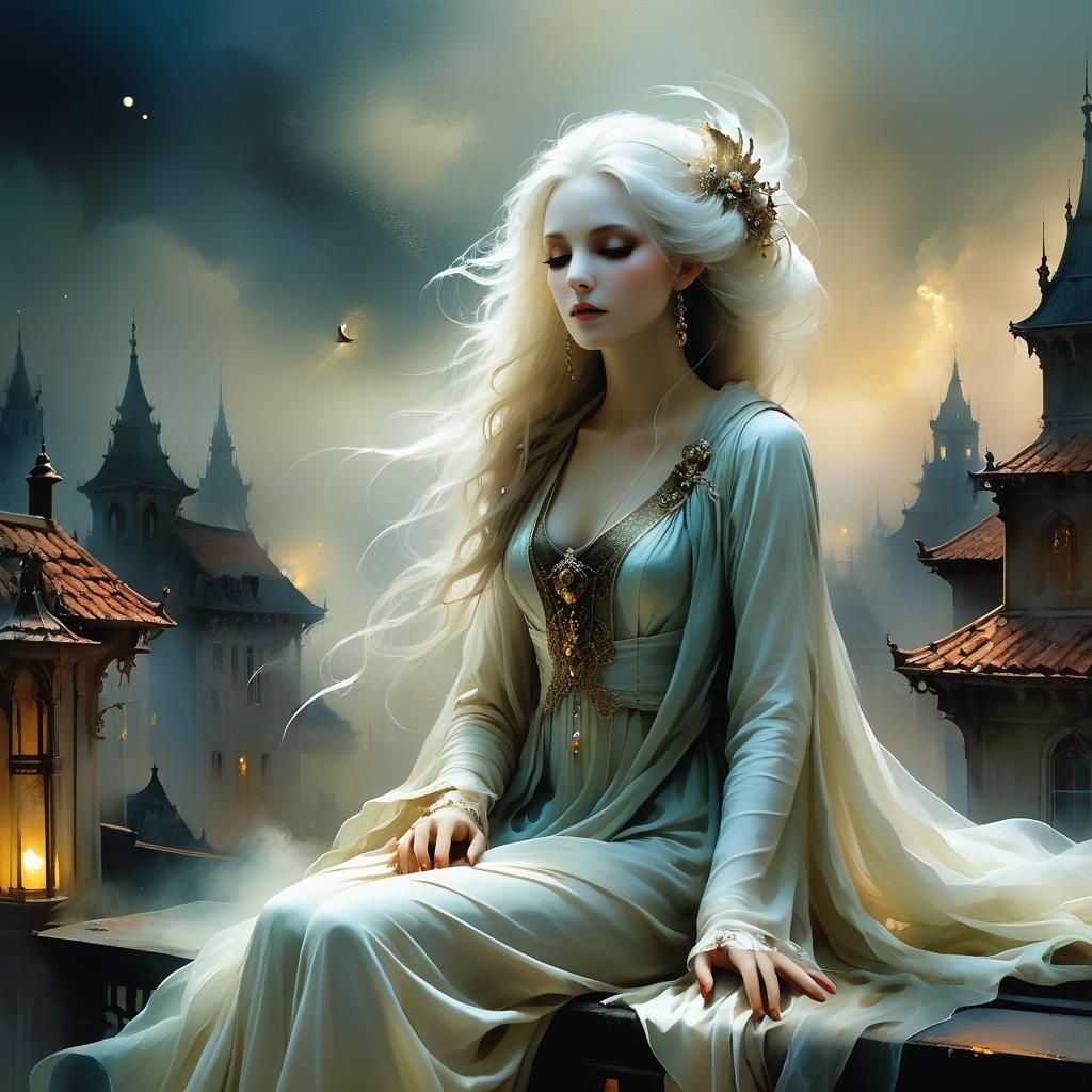 Portrait somnambulist ethereal  sweet ghost rooftop dreamy l...