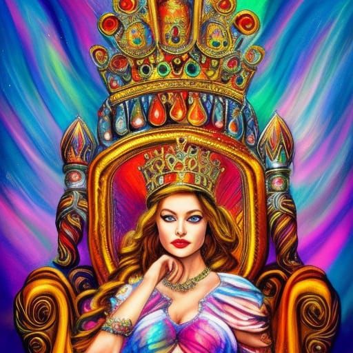 Queen on Throne: Hyperrealistic Art Deco Portrait