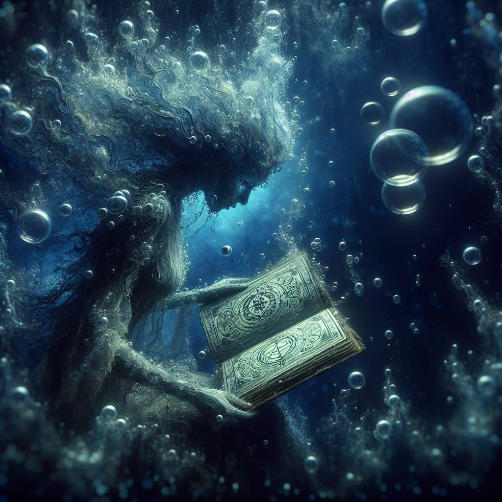 Underwater Woman Reading Necronomicon in Bubbles