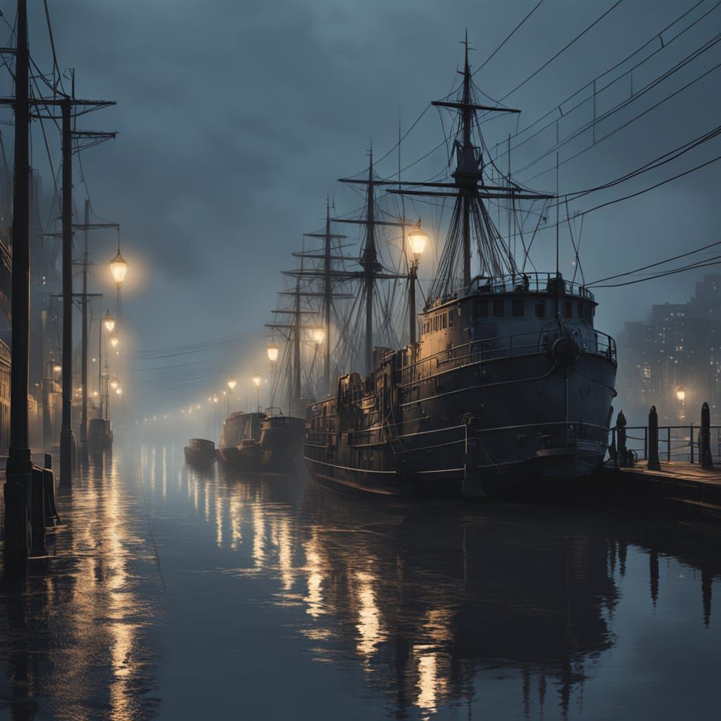 Gloomy Seaport at Dusk With Rain and Blurred Lights