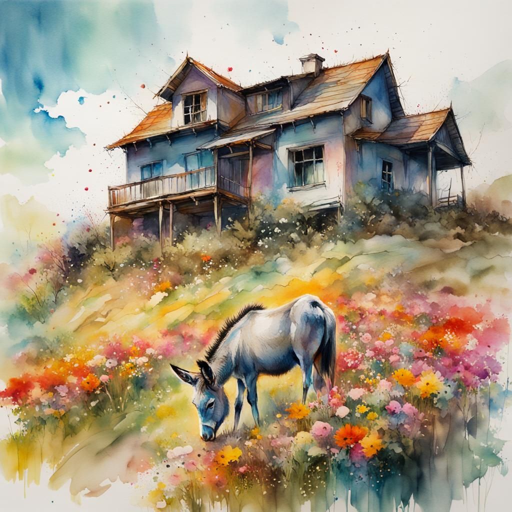 House on Hill with Donkey, Stylized Watercolor Art