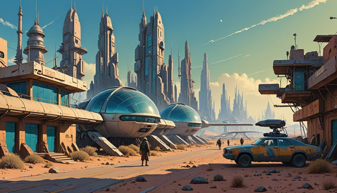 Surreal Desert Metropolis in Retro Sci-Fi Style