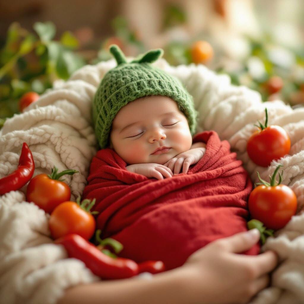 Newborn Baby in Tomato Blanket, Soft Natural Light