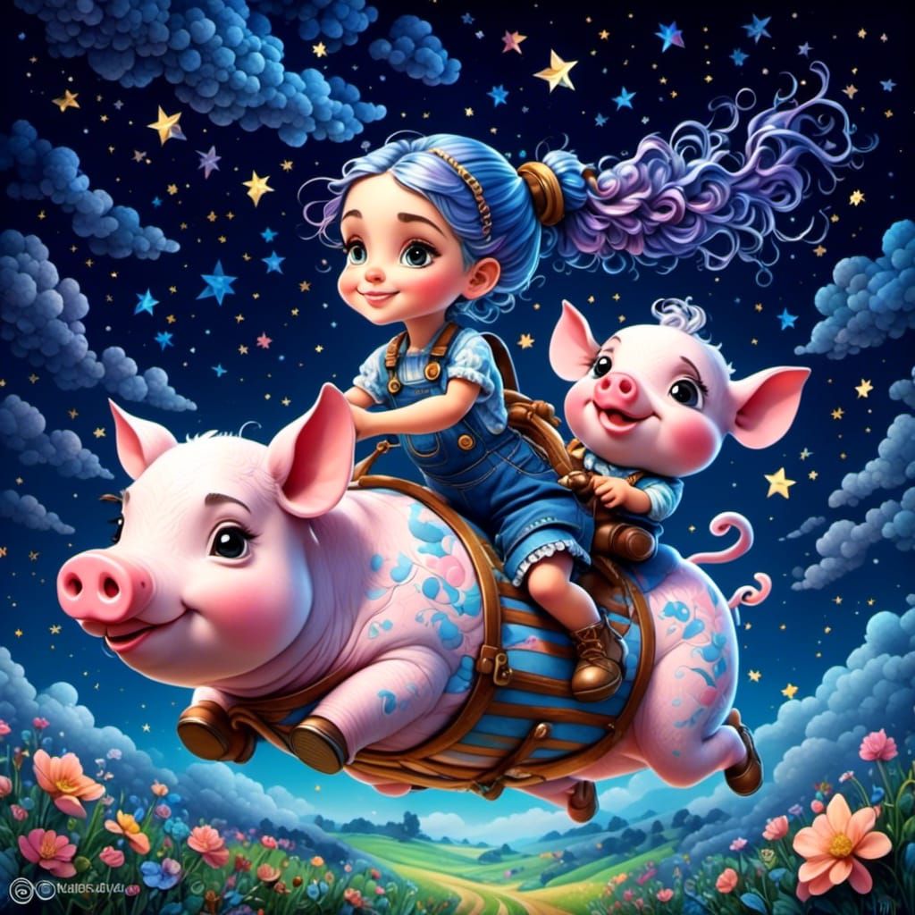 Pixar-Style Farm Girl Rides Flying Piglet