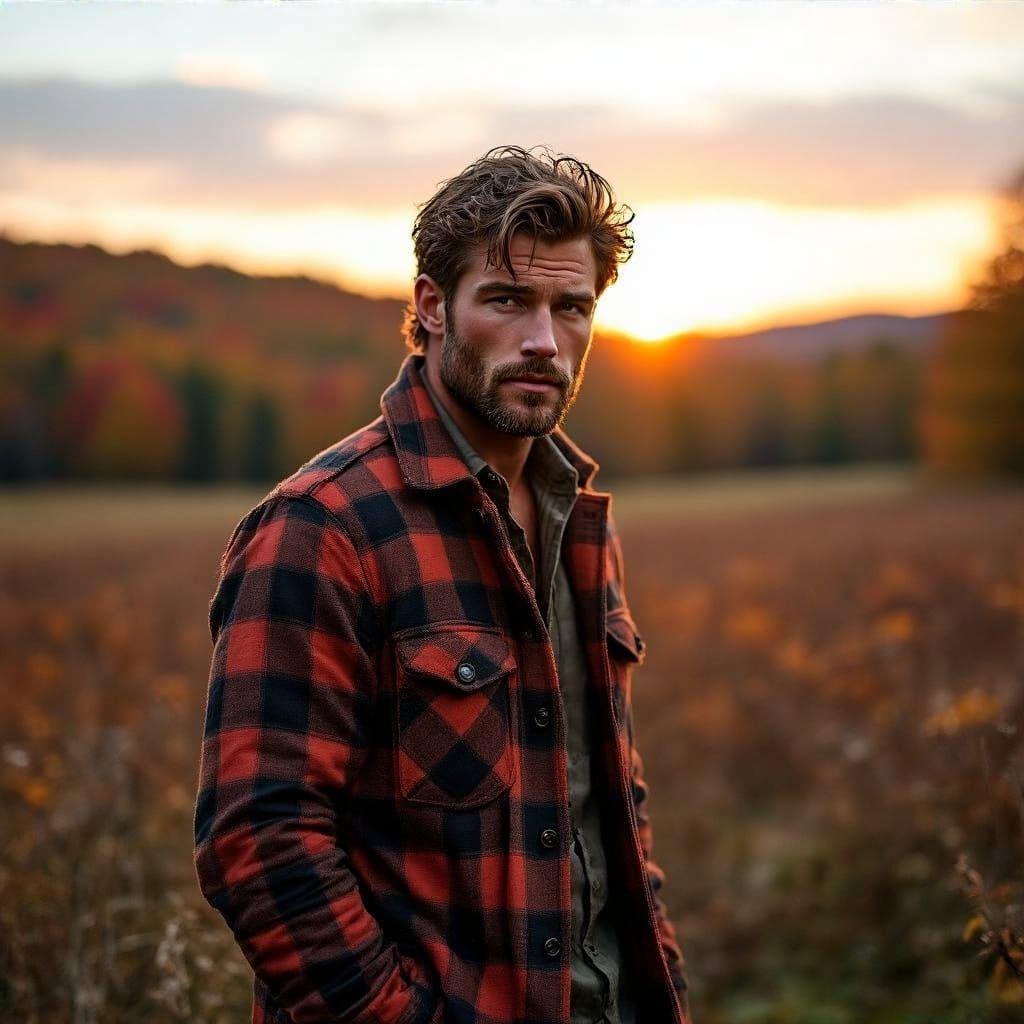 Rugged Gentleman in Autumnal Plaid at Sunset