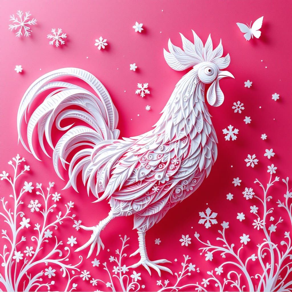 Dimensional Papercraft Rooster Crows Dawn in Vibrant Gradien...