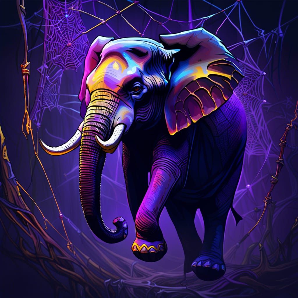 Elephant Swings in Spider Web: Dark Fantasy Art