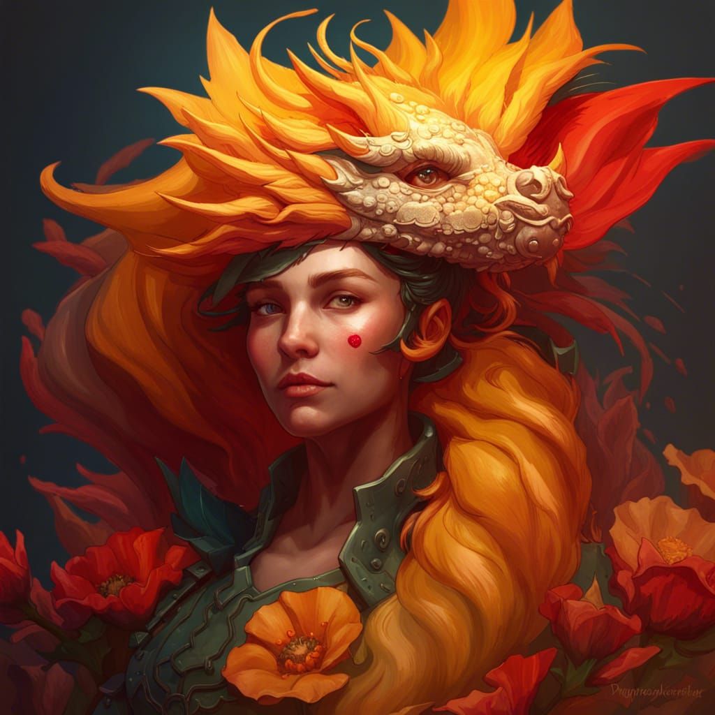Poppy Dragon Portrait in Hyperdetailed Art Style