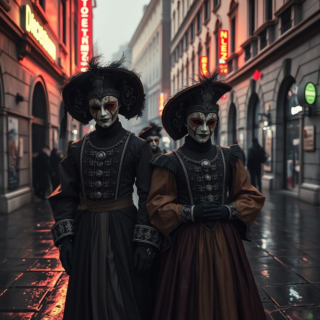Cyberpunk Renaissance Figures in Futuristic Venice