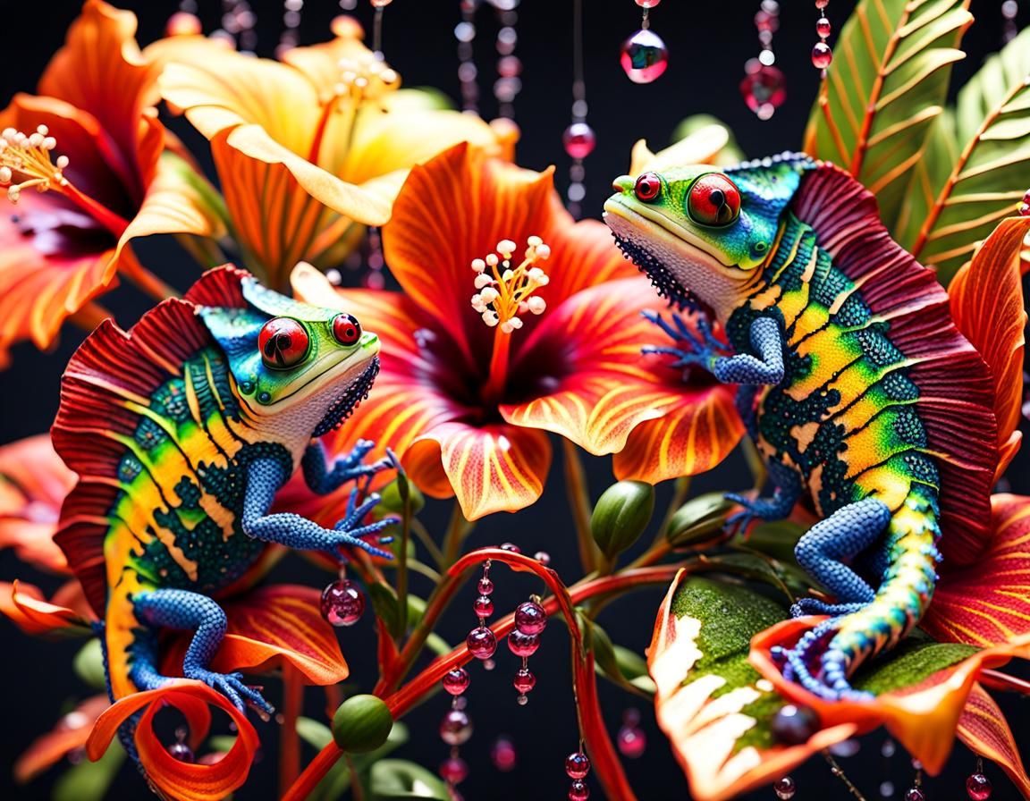 Chameleons Kissing in a Futuristic Orchid Garden
