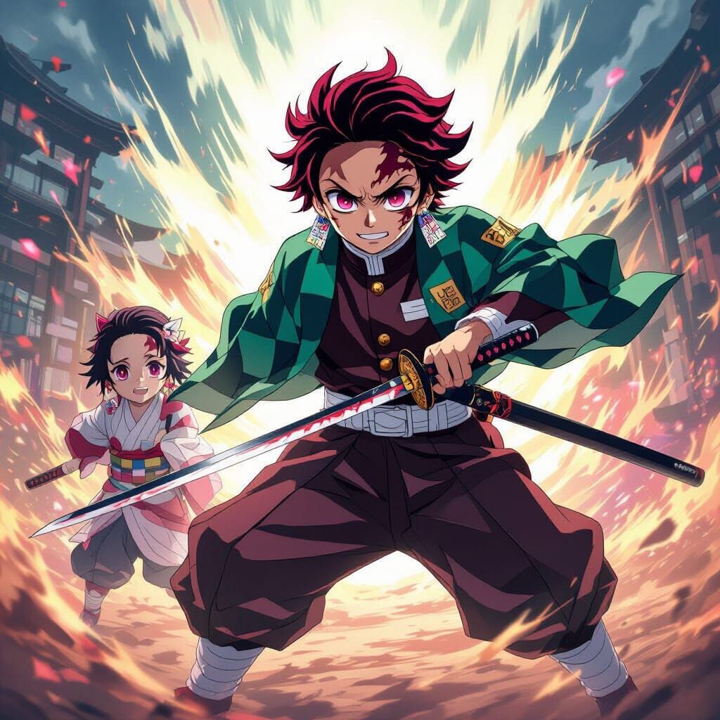 Tanjiro and Nezuko in Intense Anime Battle Stance