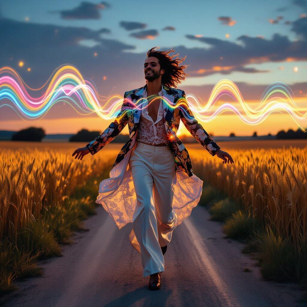 Figure Transforms on Rural Road at Dusk