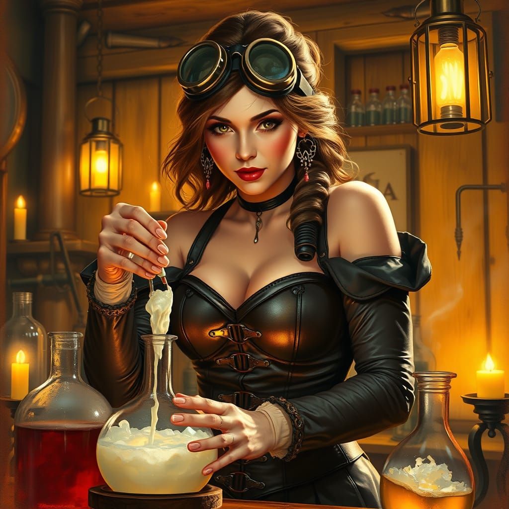 Medieval Alchemist in Vibrant Retro-Futuristic Laboratory