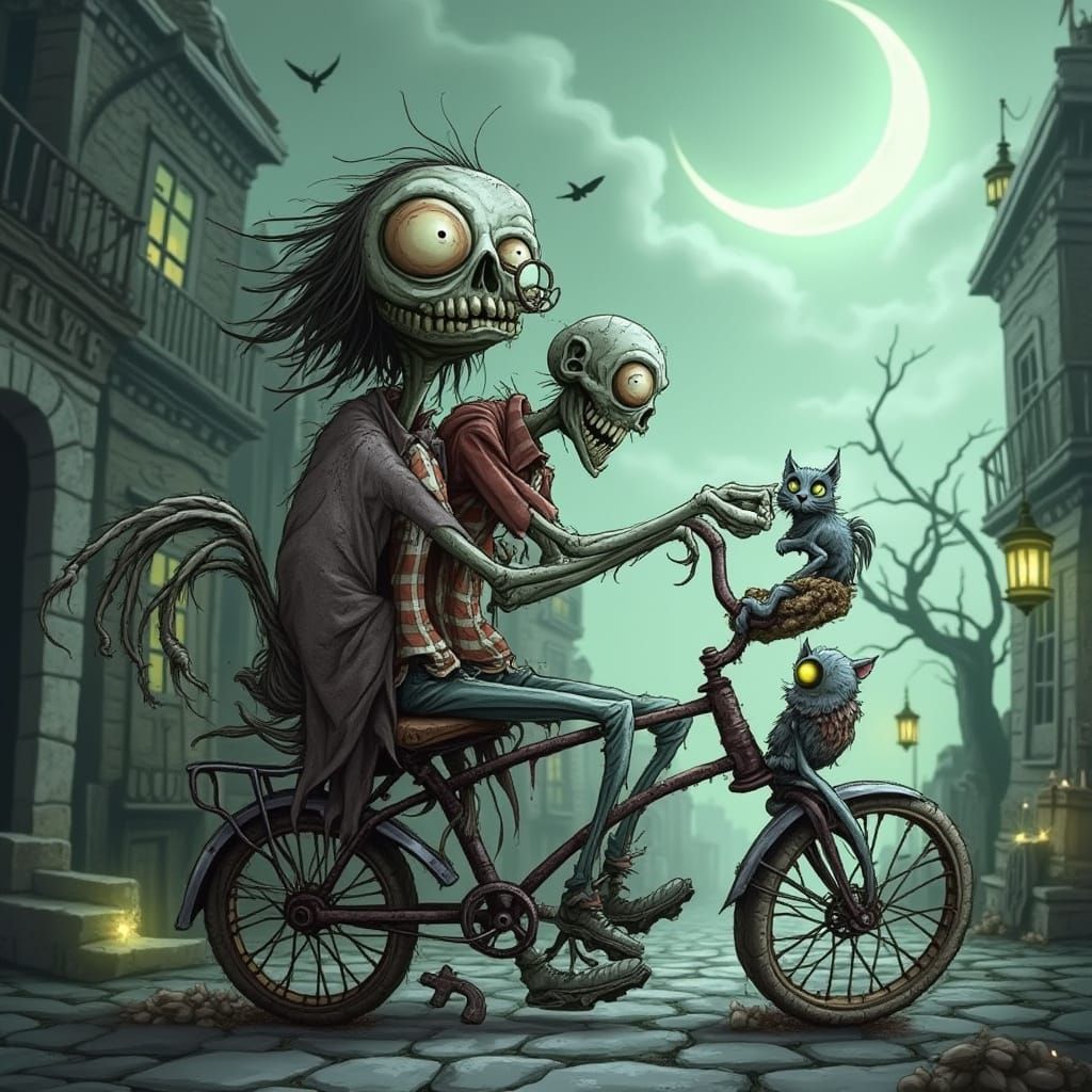 Zombies on Tandem Bicycle in Whimsical Gothic Style