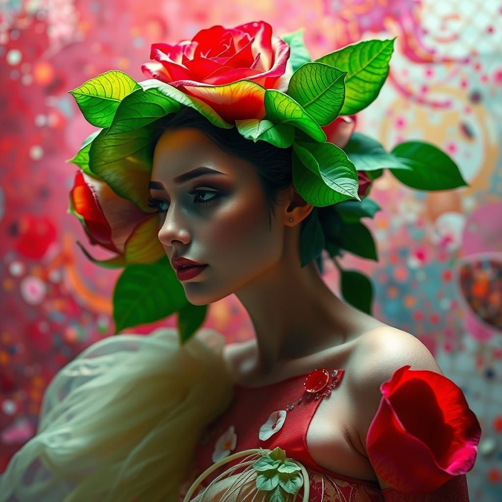 Woman Evolving into a Rose, Hyperrealistic Splash Art