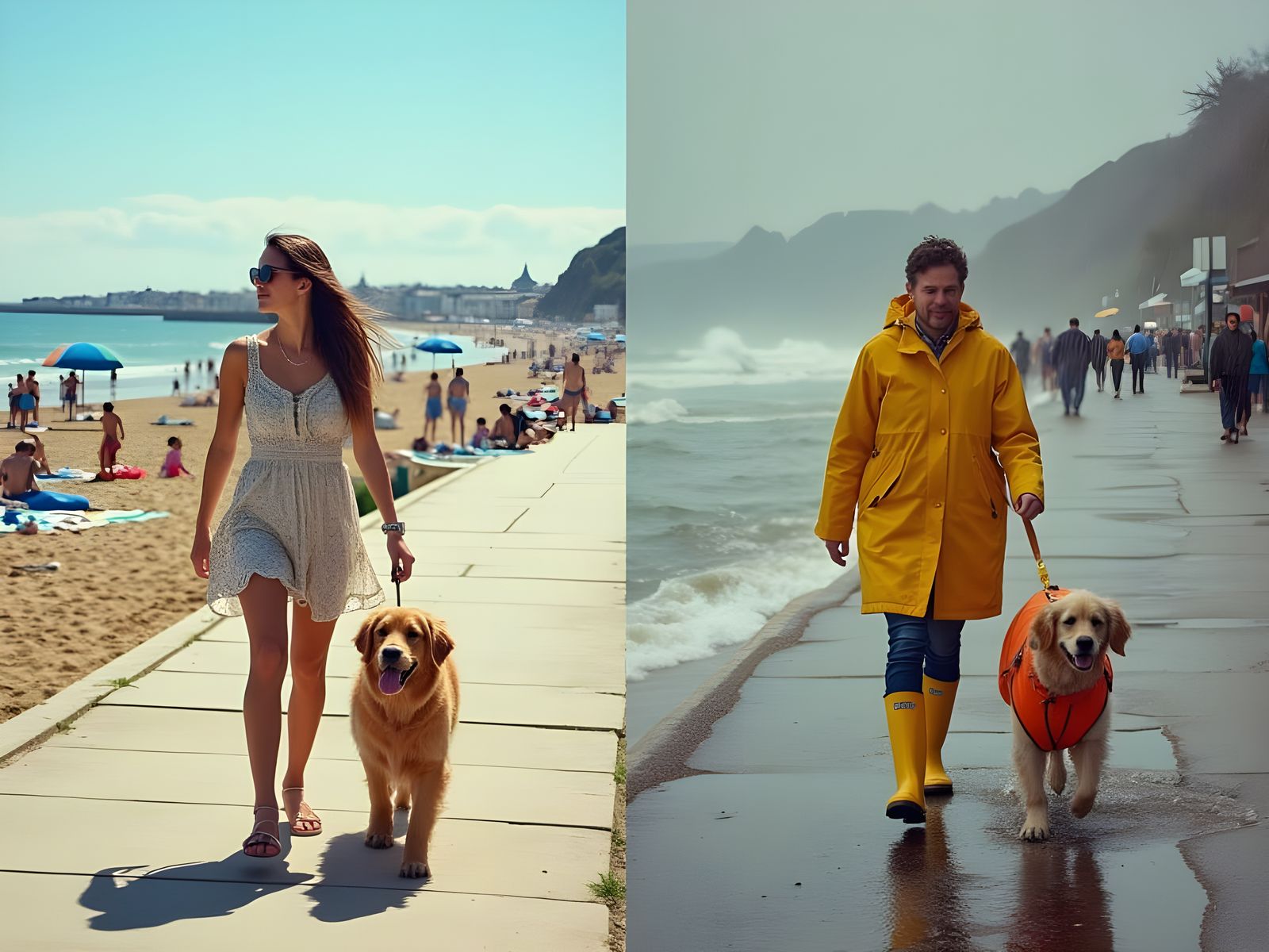 English Seaside Town: Summer and Winter Contrast