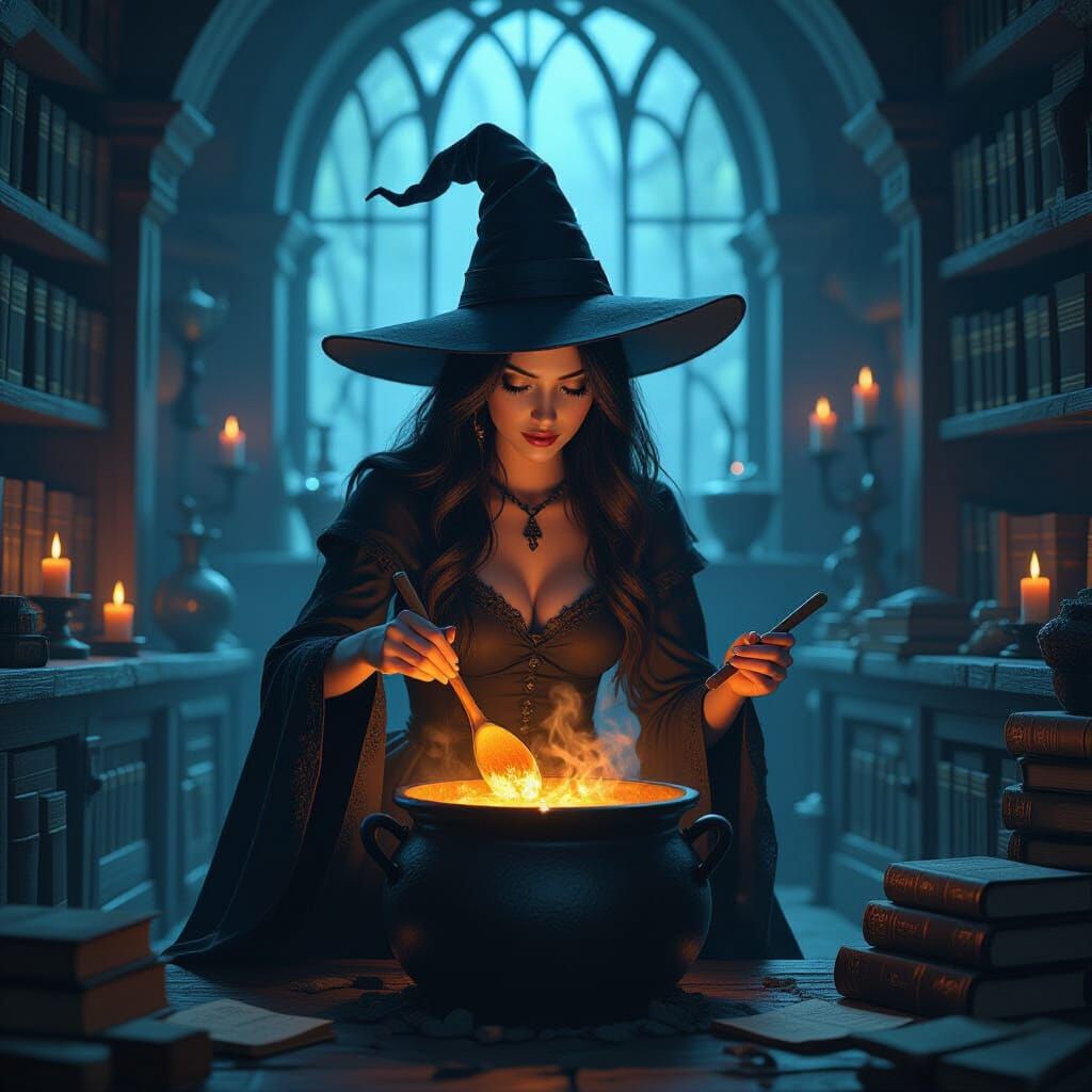 Mystical Witch Stirring Cauldron in Digital Art Style