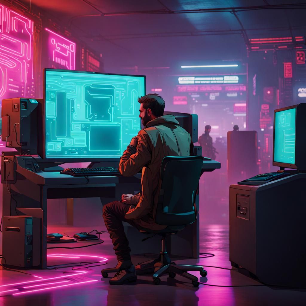 Person Inside Computer in Neon Cyberpunk Style