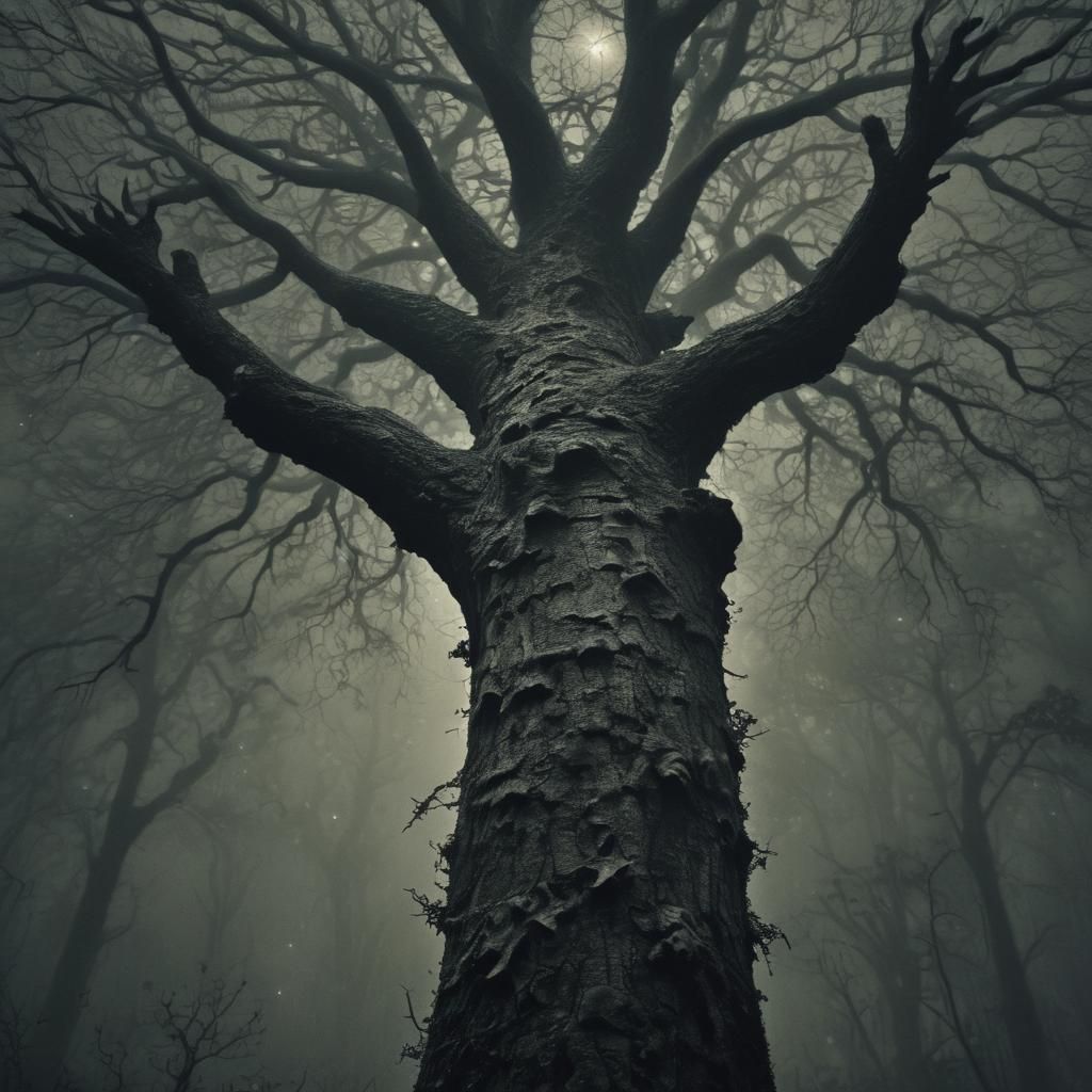 Surreal Human-Oak Fusion in Dark Eerie Forest