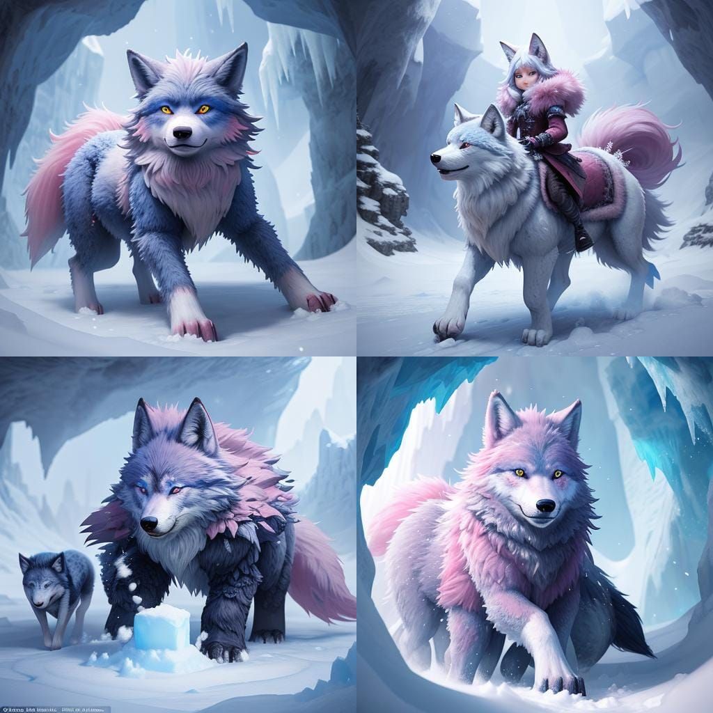 Cute Wolf Girl Playing with Cubs in Ice Cave