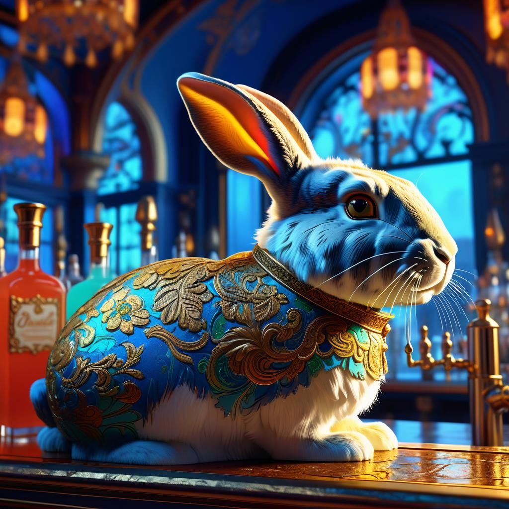 Rabbit Bartender in Ornate Bar, Art Nouveau Portrait