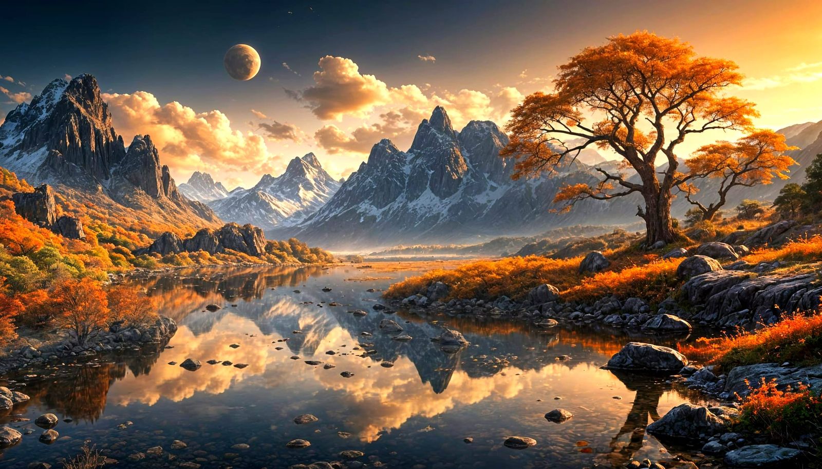 Vibrant Autumn Landscape with Majestic Tree and Sunset