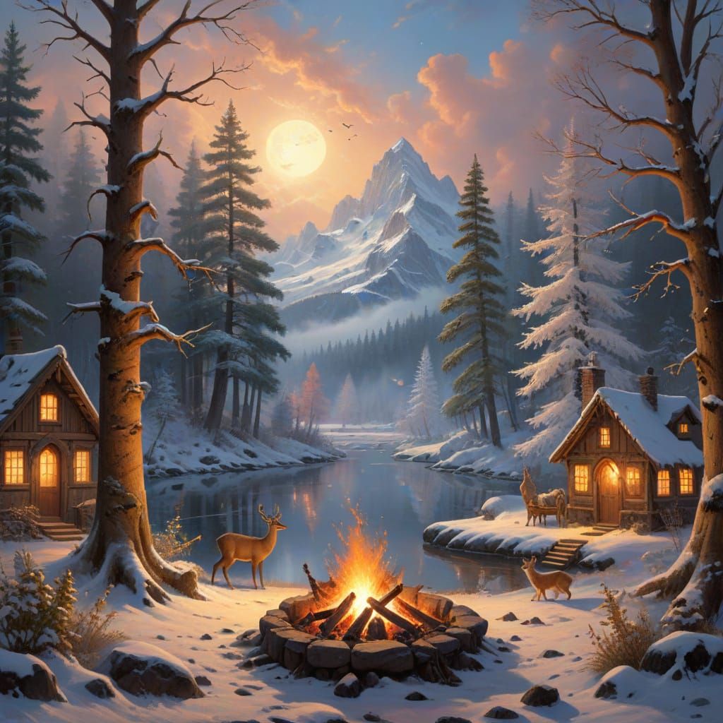 Winter Wonderland Campsite with Animals and Fire