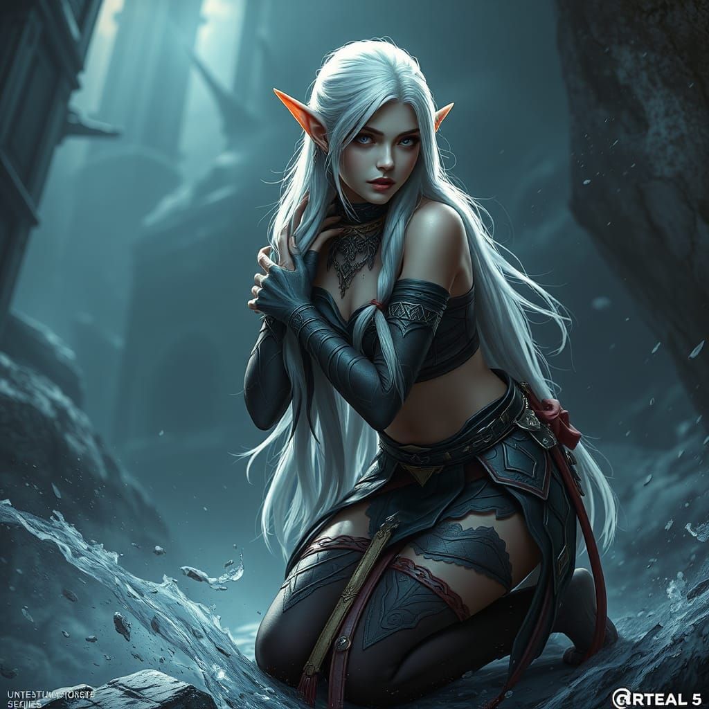 Kneeling White-Haired High-Elf Female in Detailed Matte Pain...
