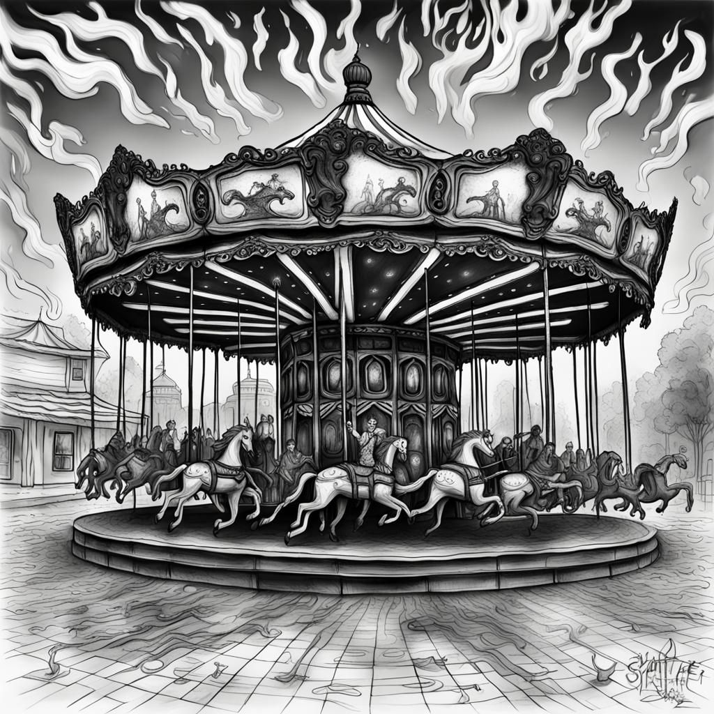 Carousel on Fire: A Fantastical Dark Art Image