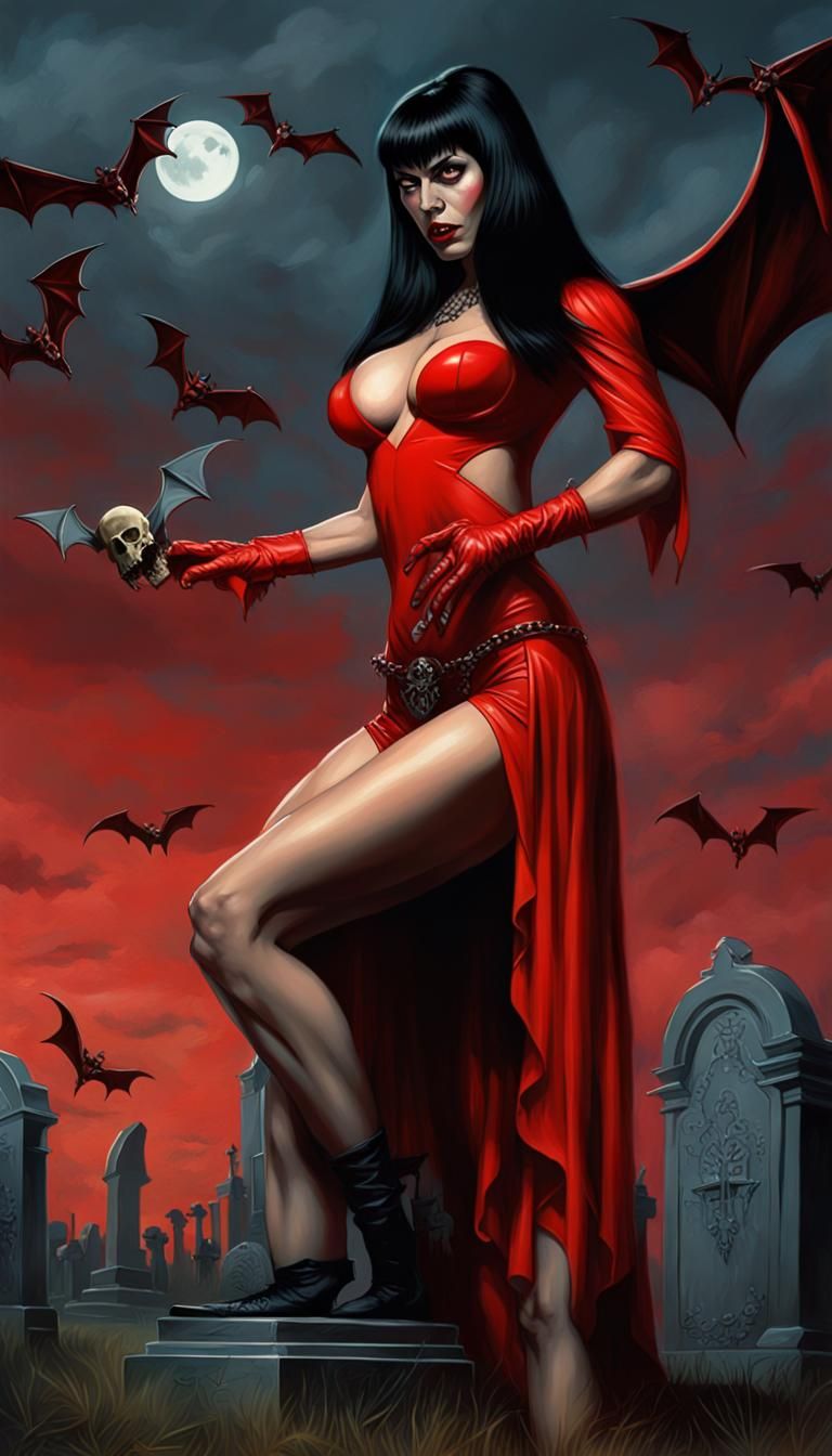 Vampirella in Cemetery with Skull, Digital Painting