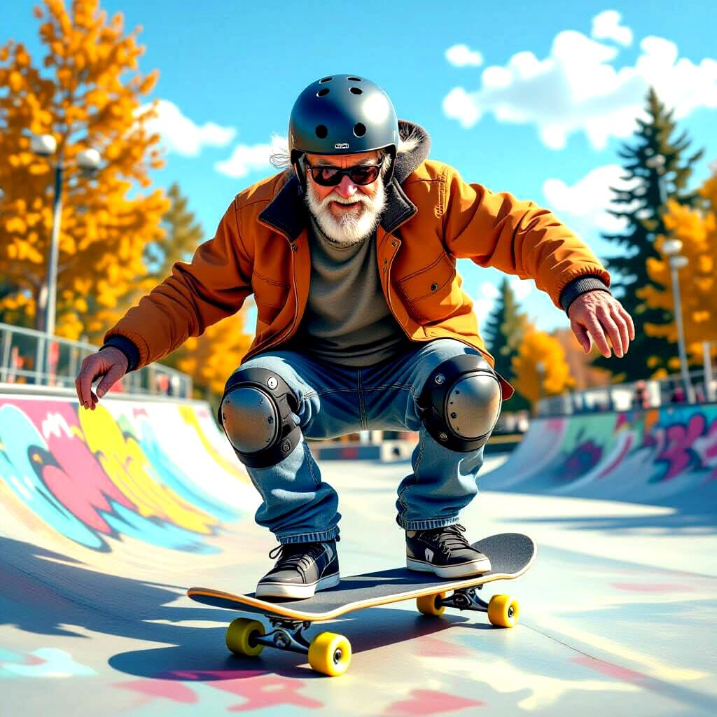 Elderly Man Skateboarding Joyfully: Hyperrealistic Splash Ar...