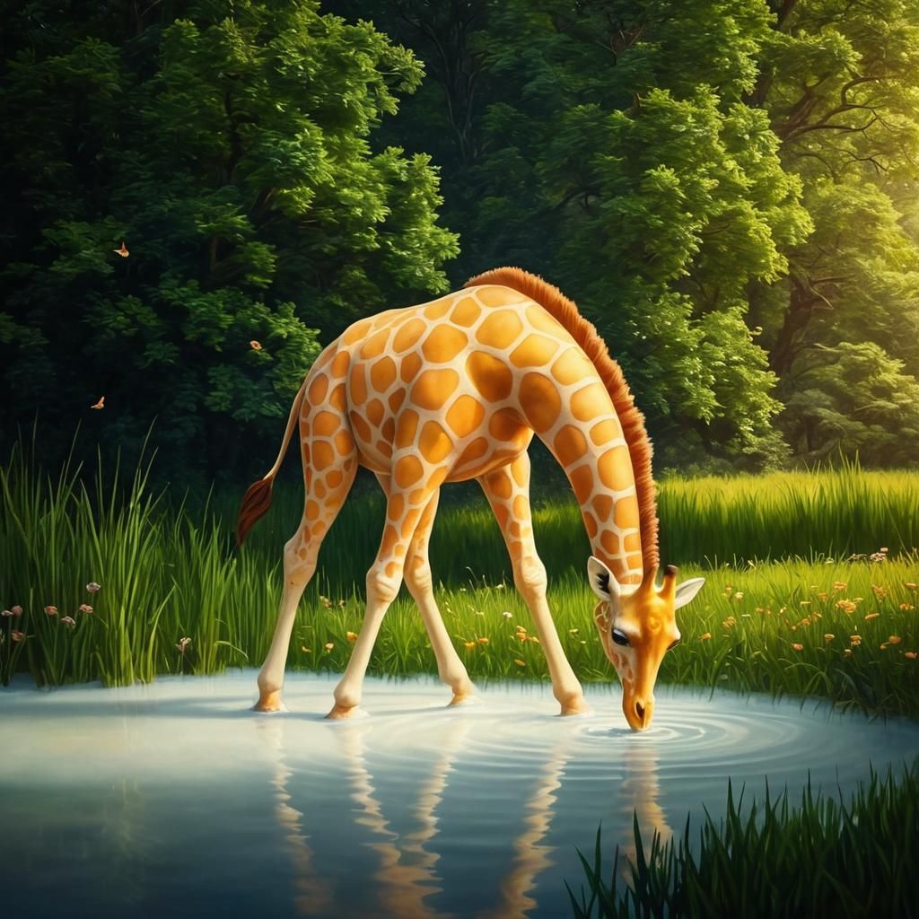 Surreal Cheese Giraffe Bends to Drink in Vibrant Oil Paintin...