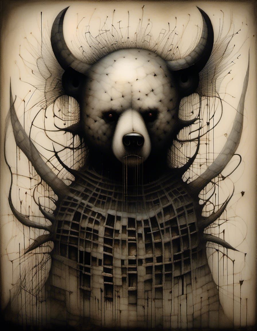 Intricate Devil Bear Drawing in Surreal Style