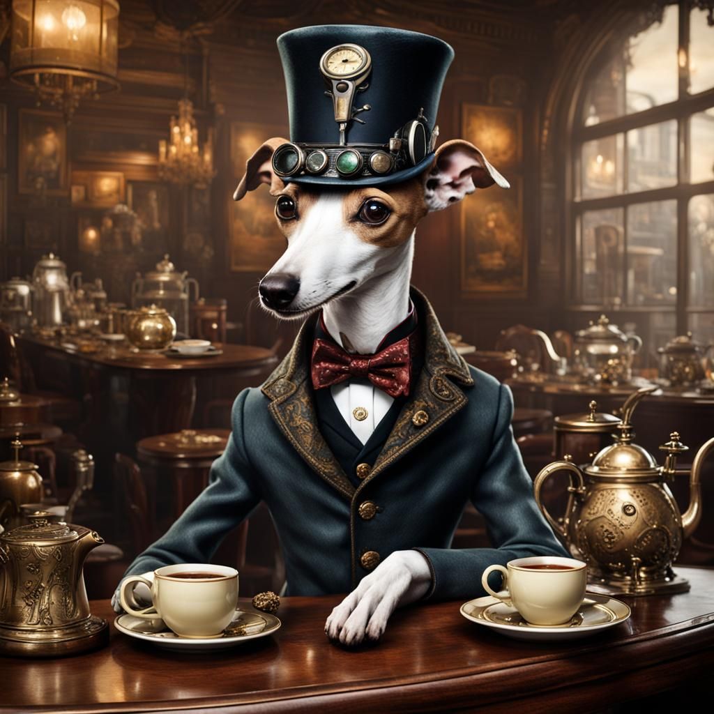 Victorian Greyhound in Steampunk Cafe Scene