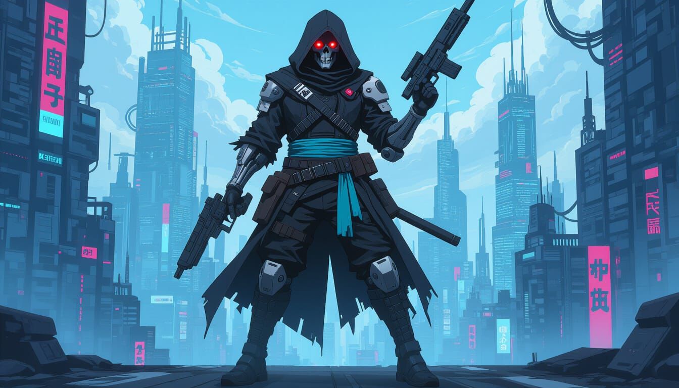 Cyberpunk Biomechanical Robot-Pirate in Cityscape, Semi-Anim...