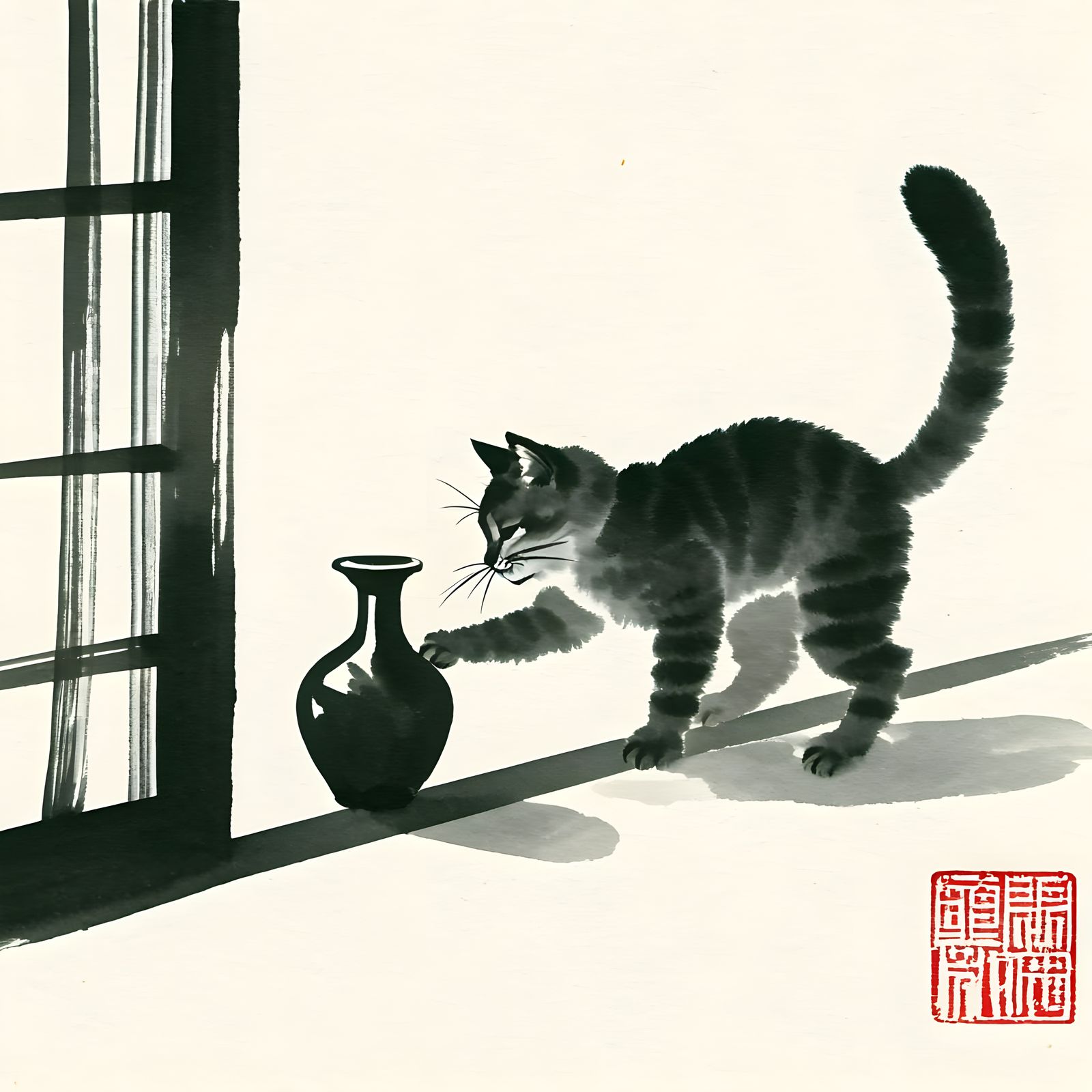 Naughty Cat Mischief: Sumi-e Ink Painting