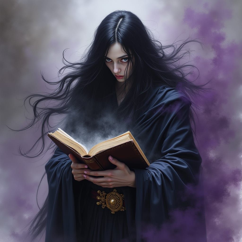 Mysterious Figure Reading Tome in Dark Fantasy Style