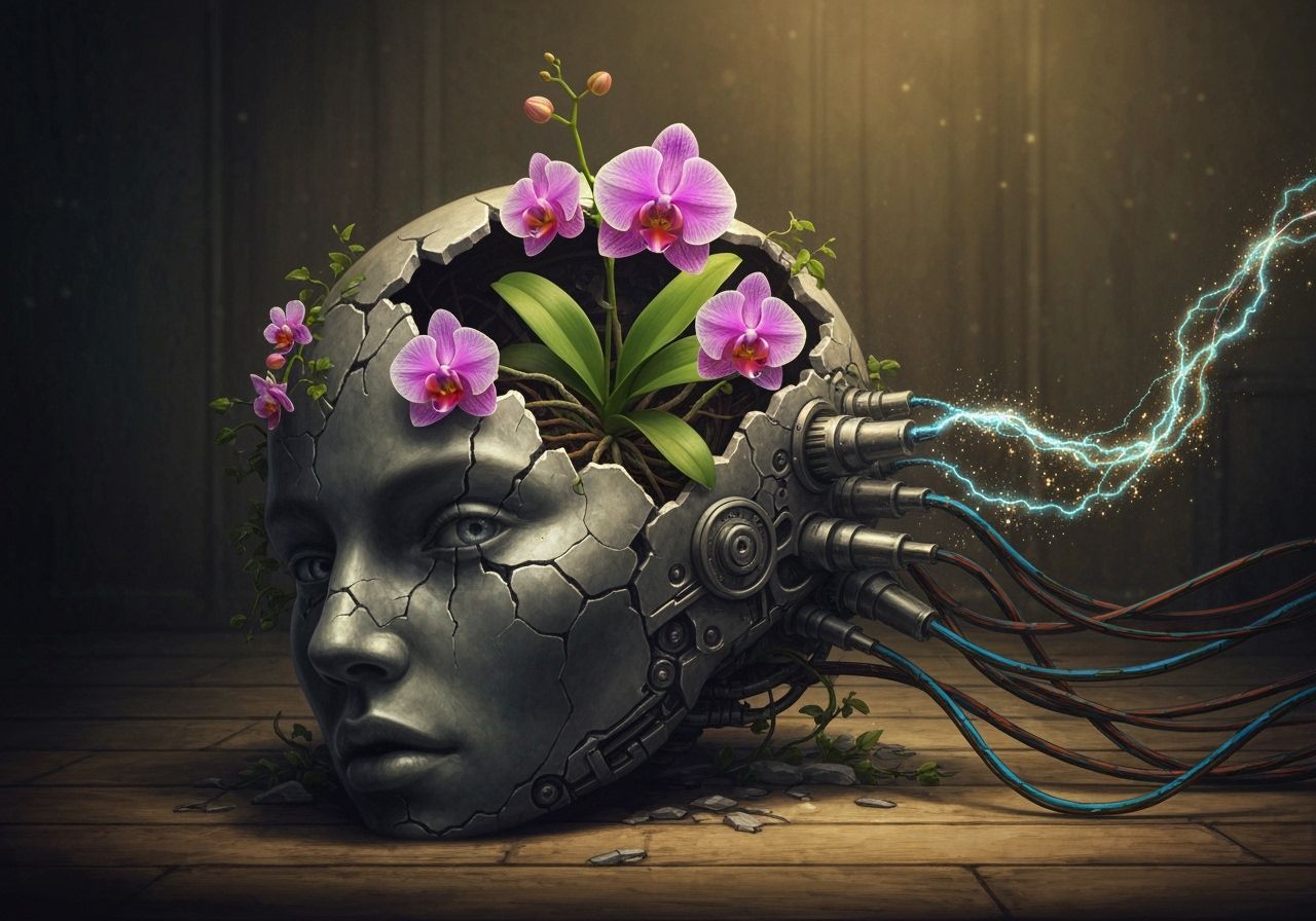 Orchid and Cyborg Head in Art Nouveau Style