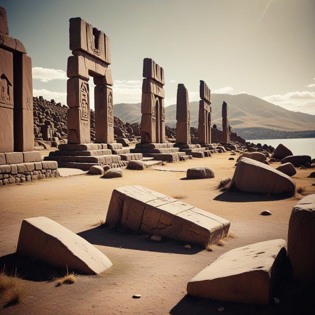 Ancient Tiahuanaco Ruins in Sepia Toned Photography