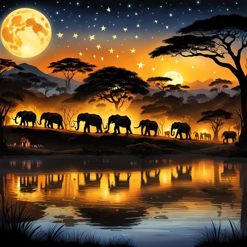 Ancient African Metropolis in Golden Moonlight, Digital Art