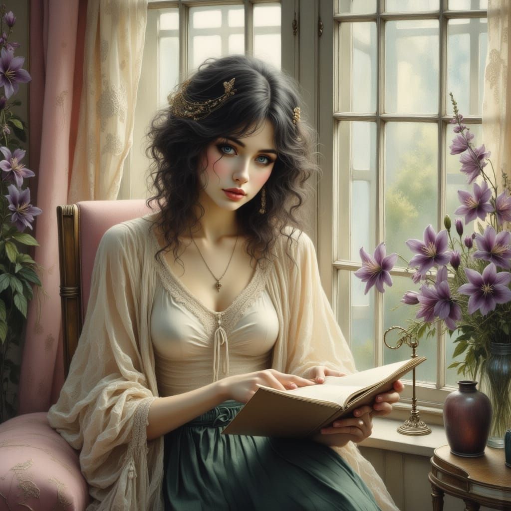 Sad Woman Reading Letter in Art Nouveau Style