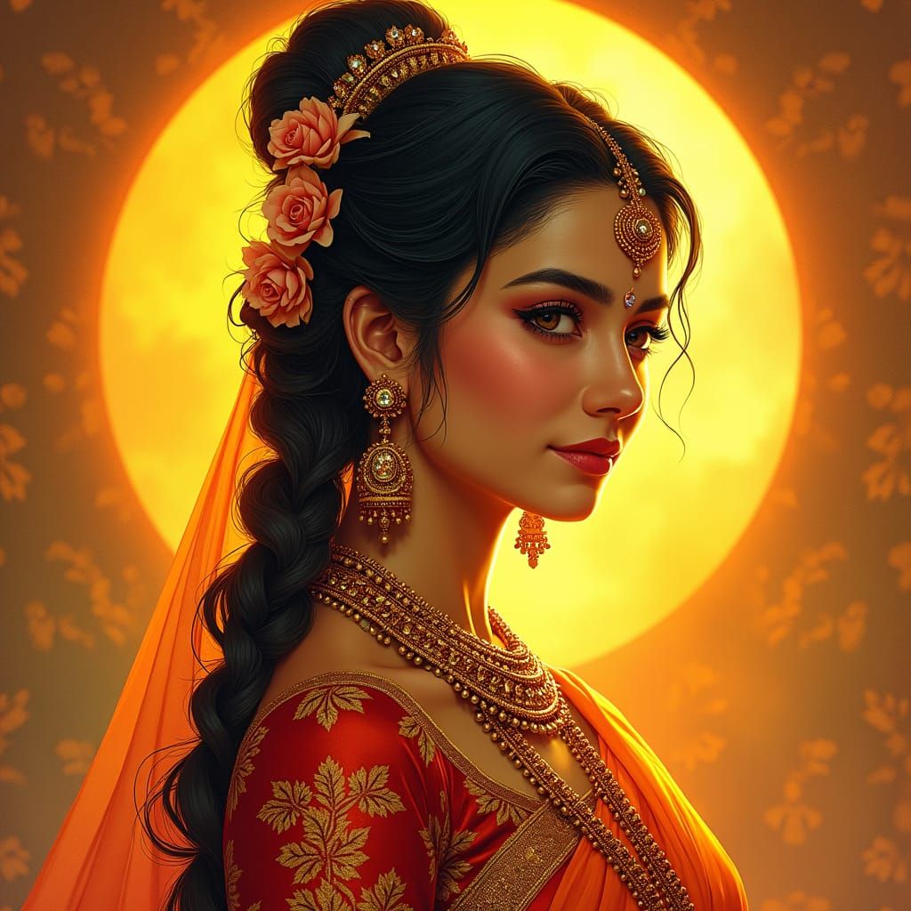 Regal Indian Princess in Folk Art Style