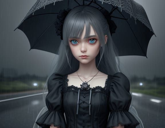 Gothic Anime Doll on Rainy Highway: 3D Render