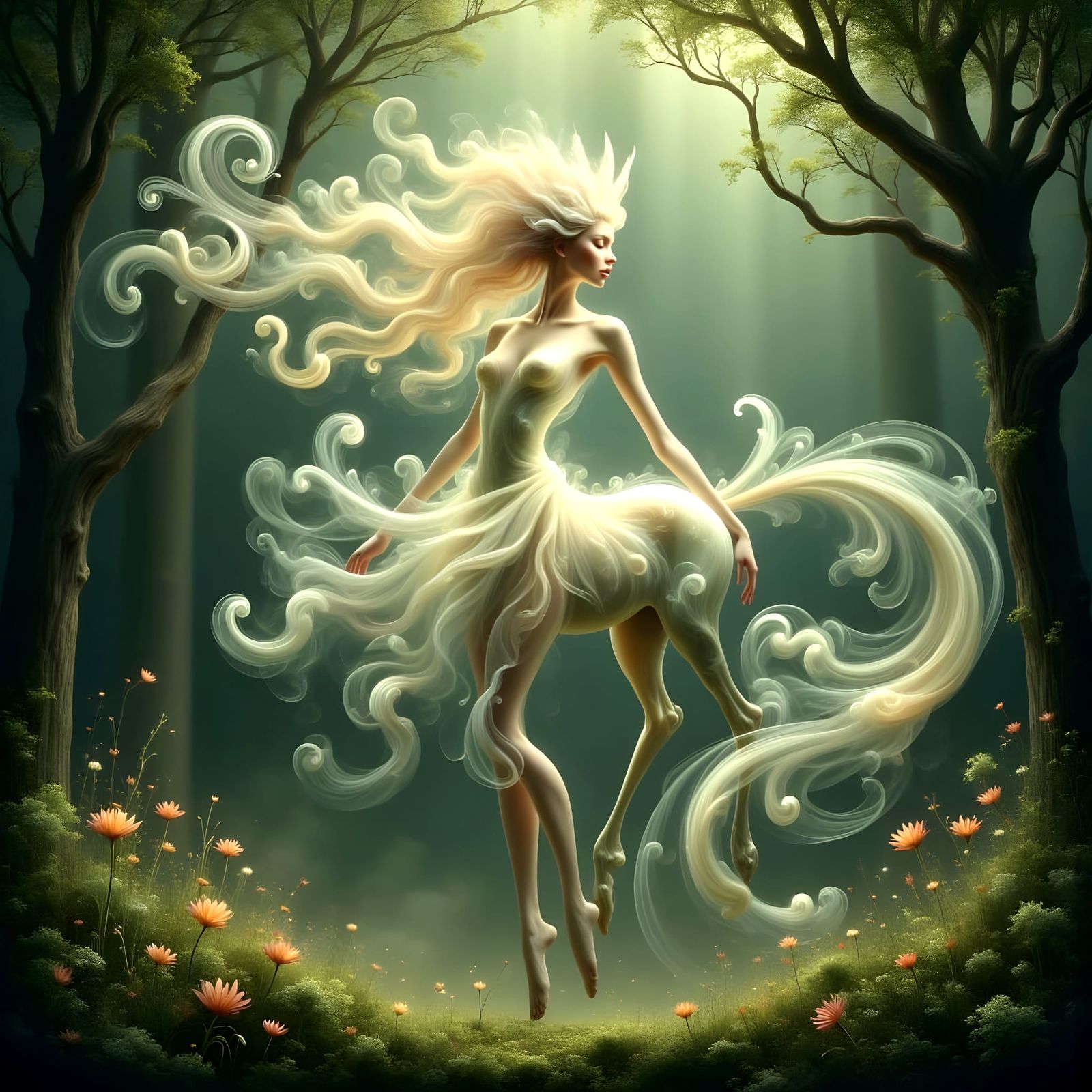 Luminous Horse-Woman in Mystical Forest