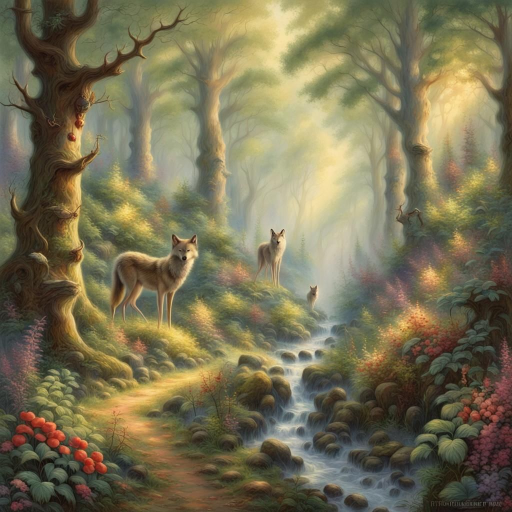 Ethereal Forest with Giant Fruits and Wildlife