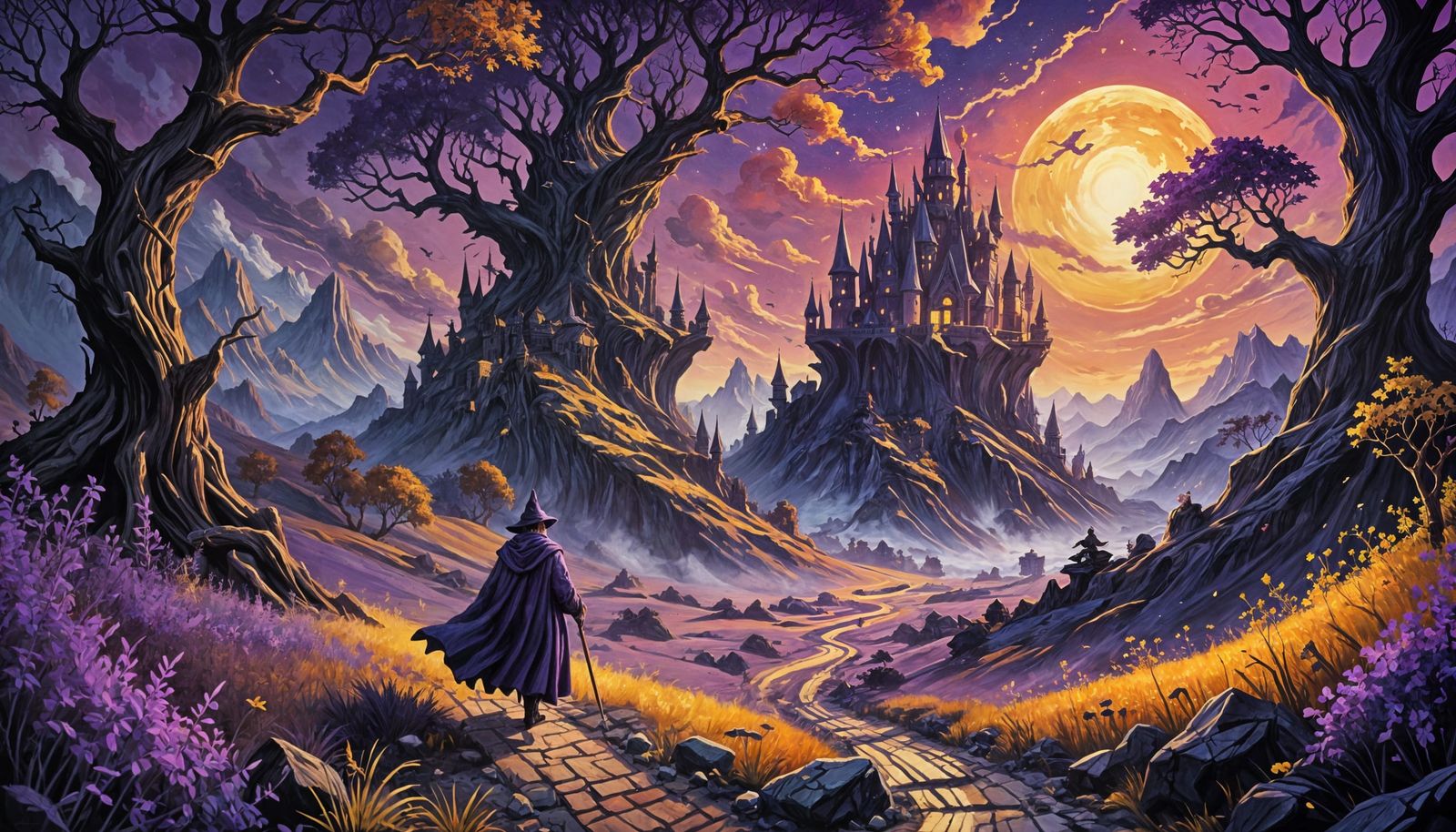 Wizard in Purple Dreamscape: Gouache Impressionist Painting