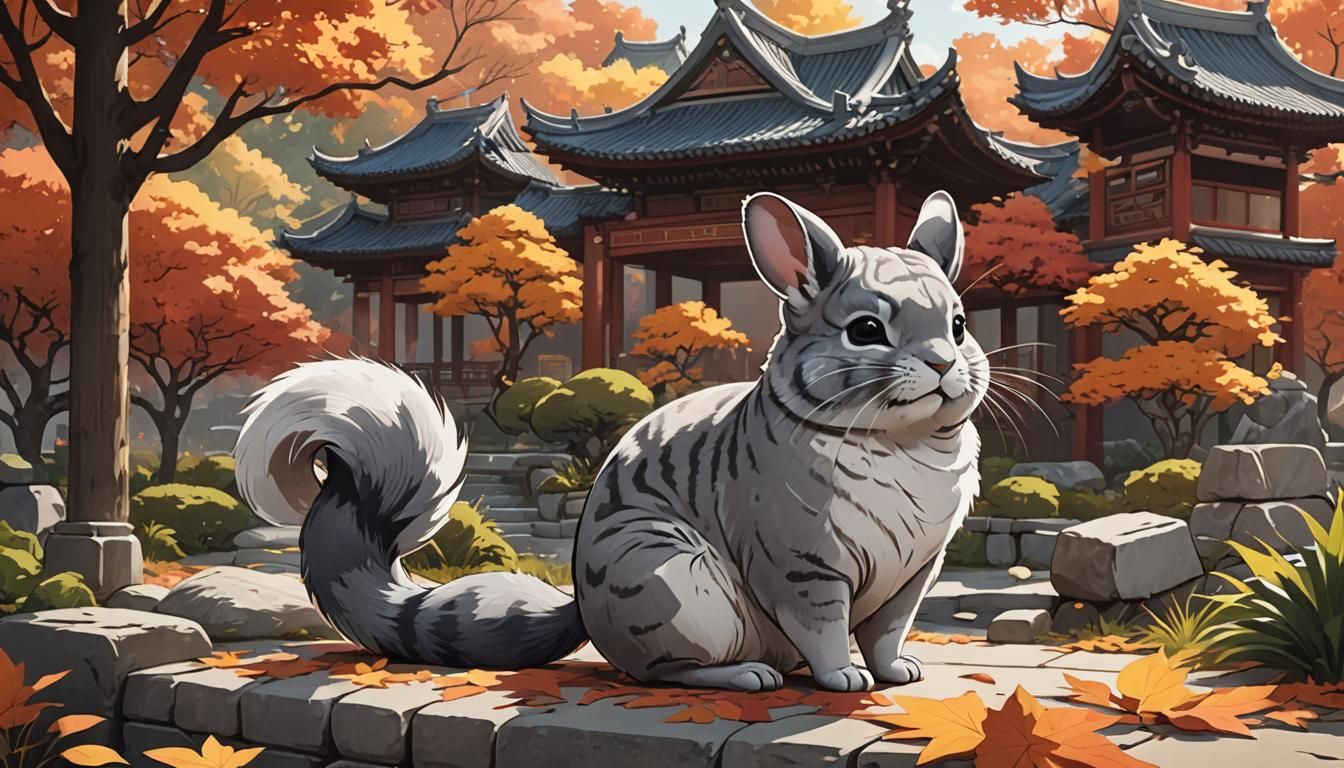 Chinchilla in Autumn Chinese Garden: Anime Style