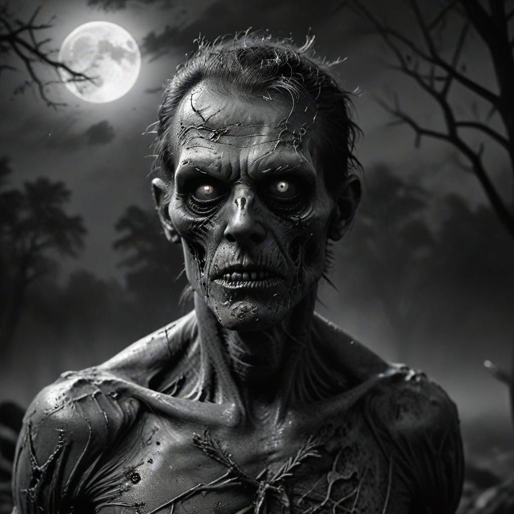 Grayscale Zombie Portrait in Eerie Moonlight