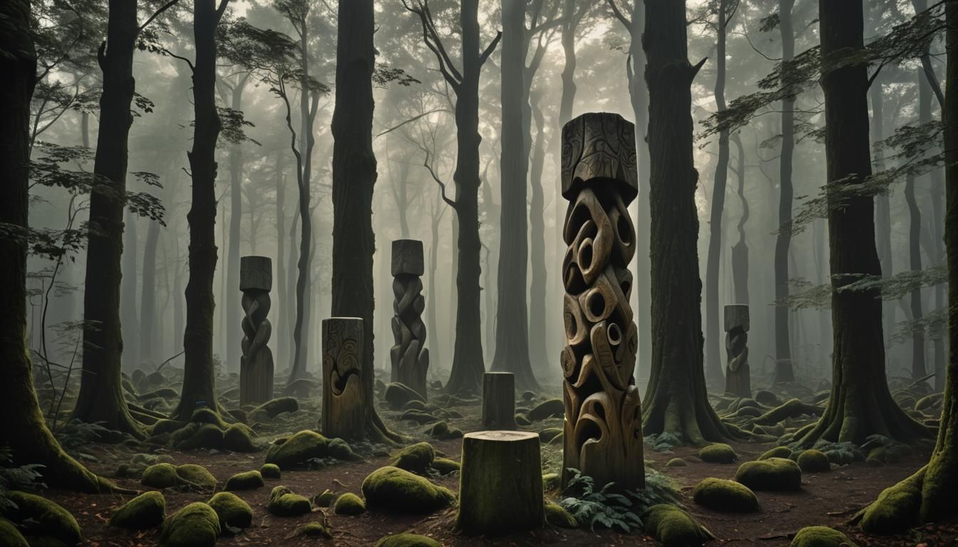 Surrealist Wood Column in Dark Forest, Close-Up