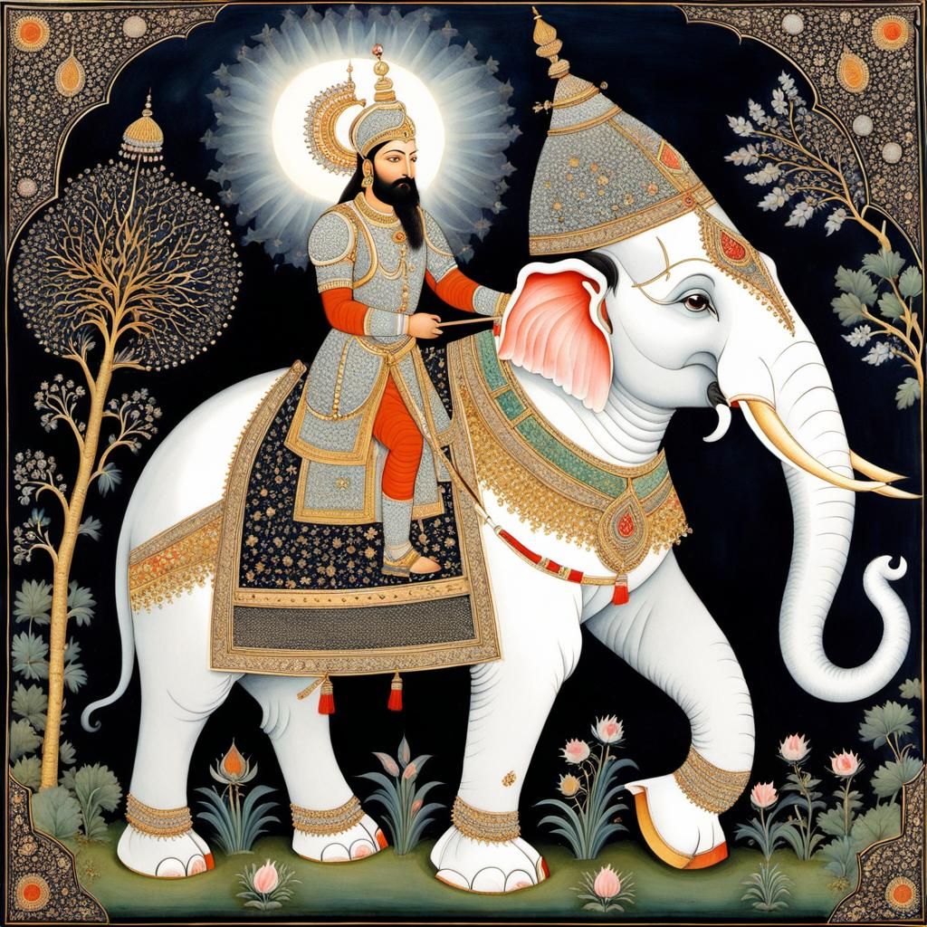 Armored White Elephant in Mughal Art Style
